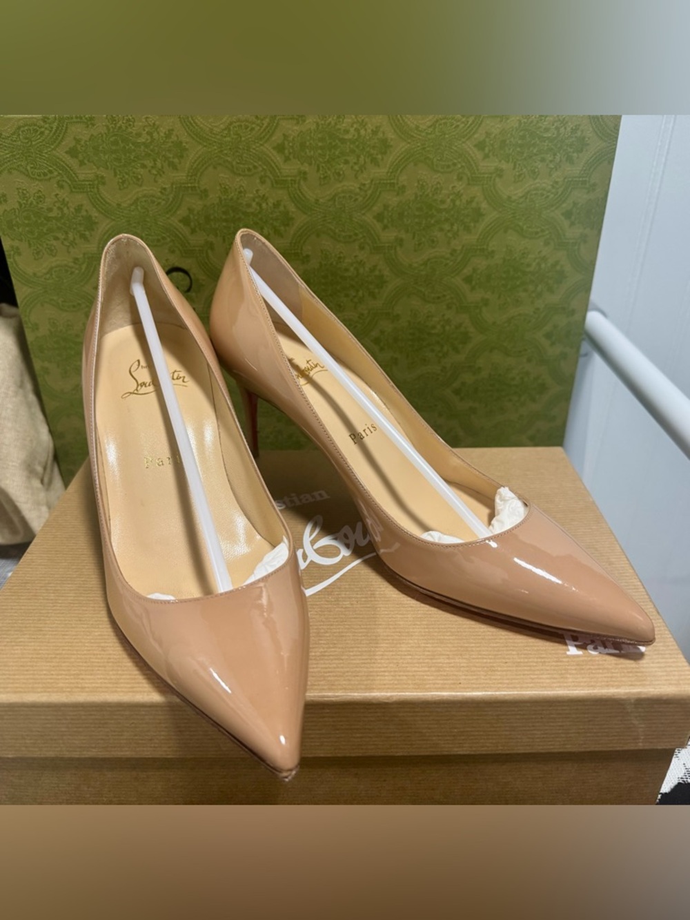 Christian Louboutin Nude Patent Pointed Pumps with Red Soles